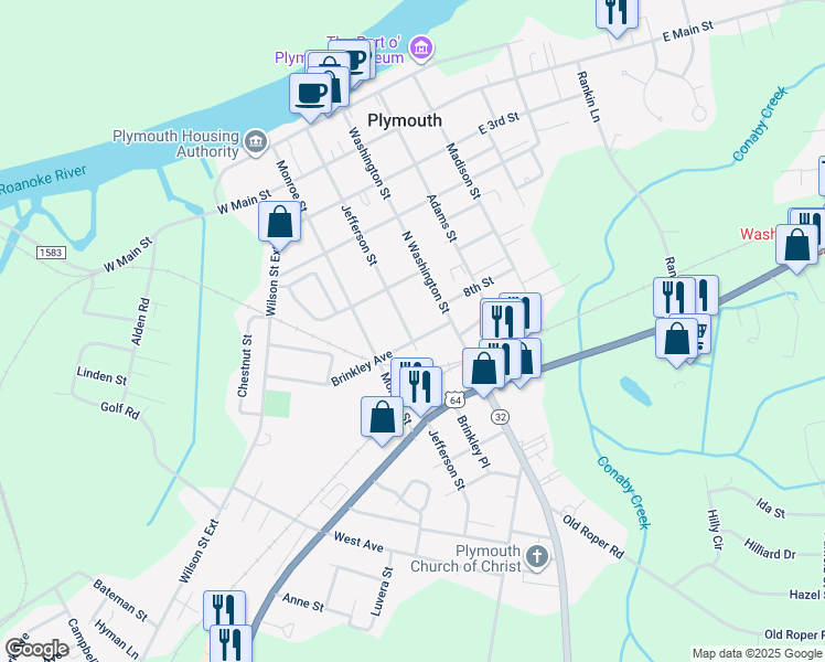 map of restaurants, bars, coffee shops, grocery stores, and more near 540 Jefferson Street in Plymouth