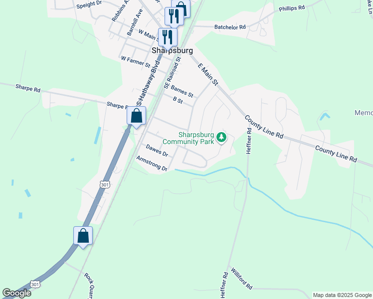 map of restaurants, bars, coffee shops, grocery stores, and more near 470 Kasey Circle in Sharpsburg