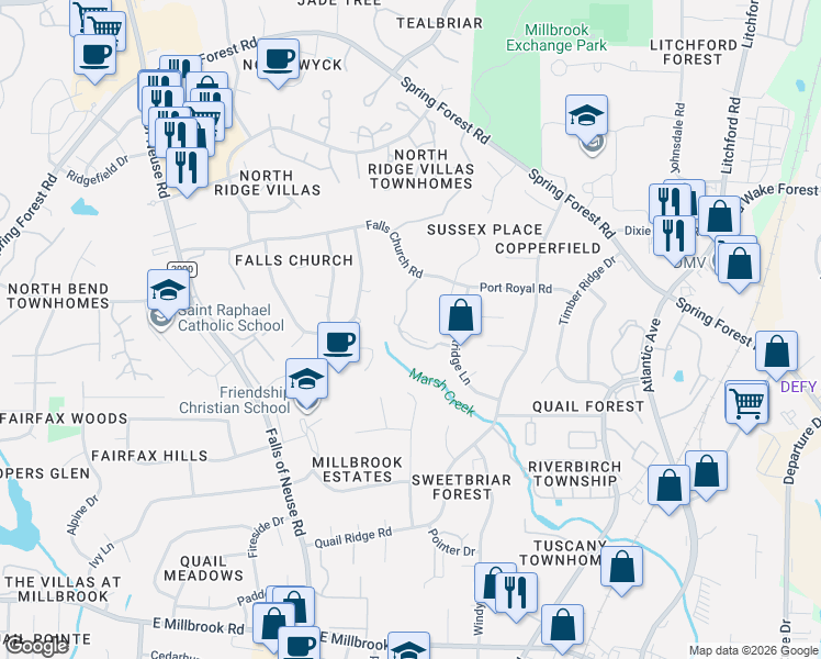 map of restaurants, bars, coffee shops, grocery stores, and more near 5744 Sentinel Drive in Raleigh