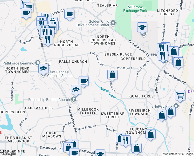 map of restaurants, bars, coffee shops, grocery stores, and more near 5744 Sentinel Drive in Raleigh