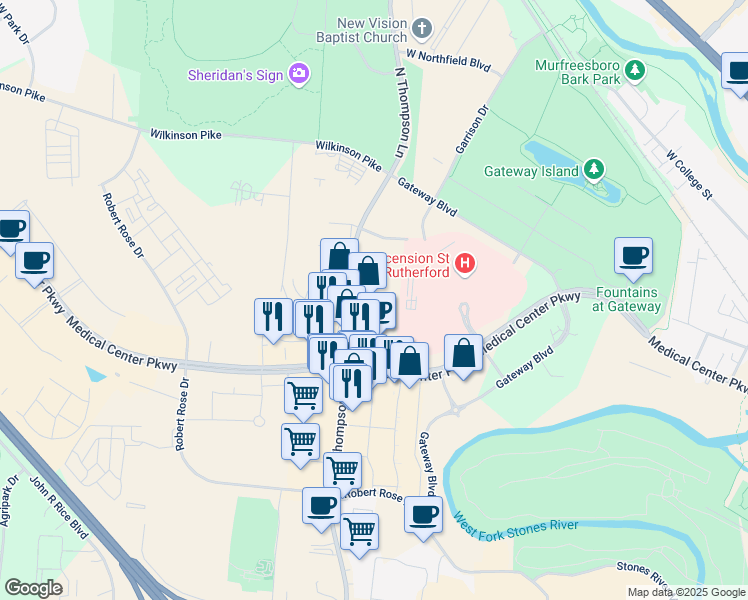 map of restaurants, bars, coffee shops, grocery stores, and more near 850 North Thompson Lane in Murfreesboro