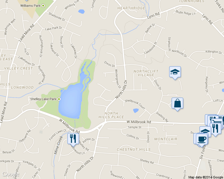 map of restaurants, bars, coffee shops, grocery stores, and more near 1300 Springlawn Court in Raleigh