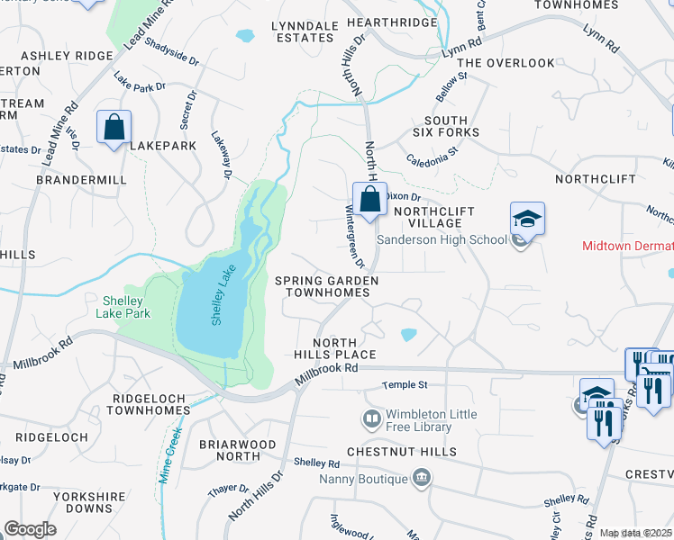 map of restaurants, bars, coffee shops, grocery stores, and more near 1300 Springlawn Court in Raleigh