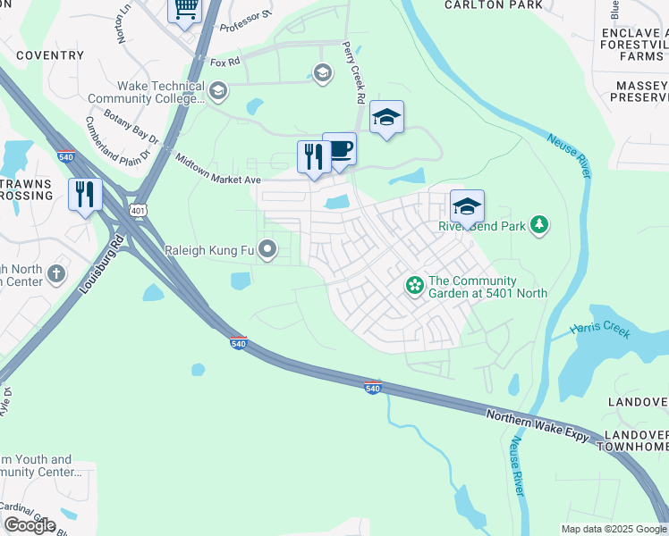 map of restaurants, bars, coffee shops, grocery stores, and more near 6408 Giddings Street in Raleigh
