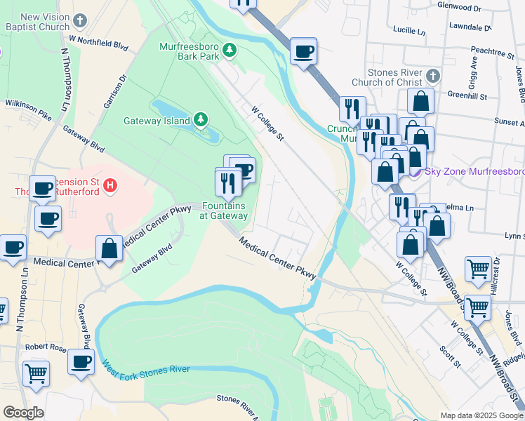 map of restaurants, bars, coffee shops, grocery stores, and more near 1315 Searcy Street in Murfreesboro