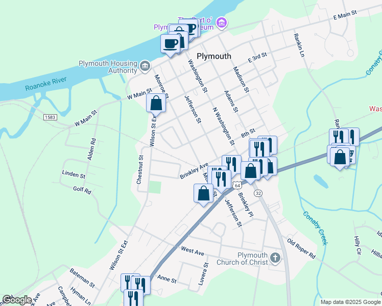 map of restaurants, bars, coffee shops, grocery stores, and more near 515 Monroe Street in Plymouth