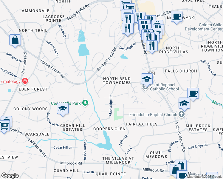 map of restaurants, bars, coffee shops, grocery stores, and more near 5825 Mapleridge Road in Raleigh
