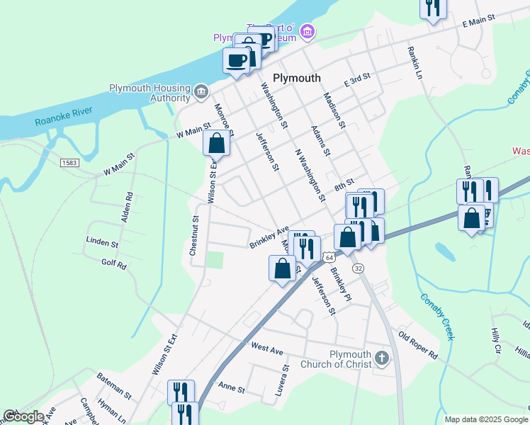 map of restaurants, bars, coffee shops, grocery stores, and more near 515 Monroe Street in Plymouth