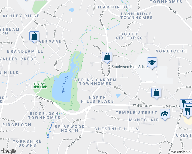 map of restaurants, bars, coffee shops, grocery stores, and more near 1310 Springlawn Court in Raleigh