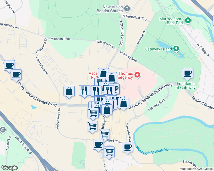 map of restaurants, bars, coffee shops, grocery stores, and more near 830 North Thompson Lane in Murfreesboro
