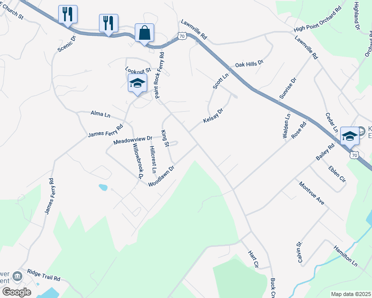 map of restaurants, bars, coffee shops, grocery stores, and more near 104 Woodlawn Drive in Kingston