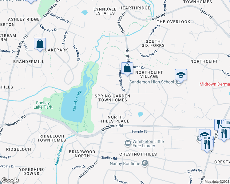 map of restaurants, bars, coffee shops, grocery stores, and more near 1304 Springlawn Court in Raleigh