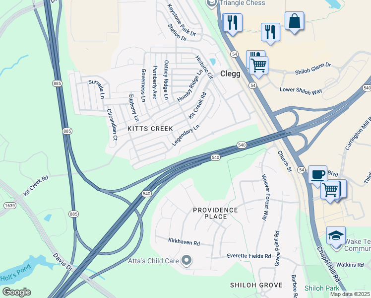 map of restaurants, bars, coffee shops, grocery stores, and more near 533 Durants Neck Lane in Morrisville