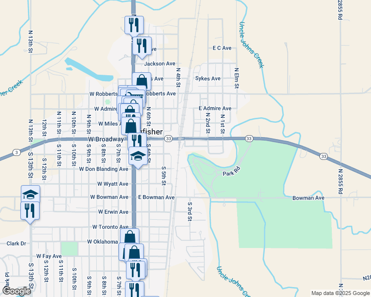 map of restaurants, bars, coffee shops, grocery stores, and more near 423 East Broadway in Kingfisher