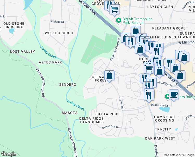 map of restaurants, bars, coffee shops, grocery stores, and more near 5920 Cameo Glass Way in Raleigh