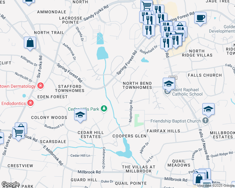 map of restaurants, bars, coffee shops, grocery stores, and more near 5805 Whitebud Drive in Raleigh