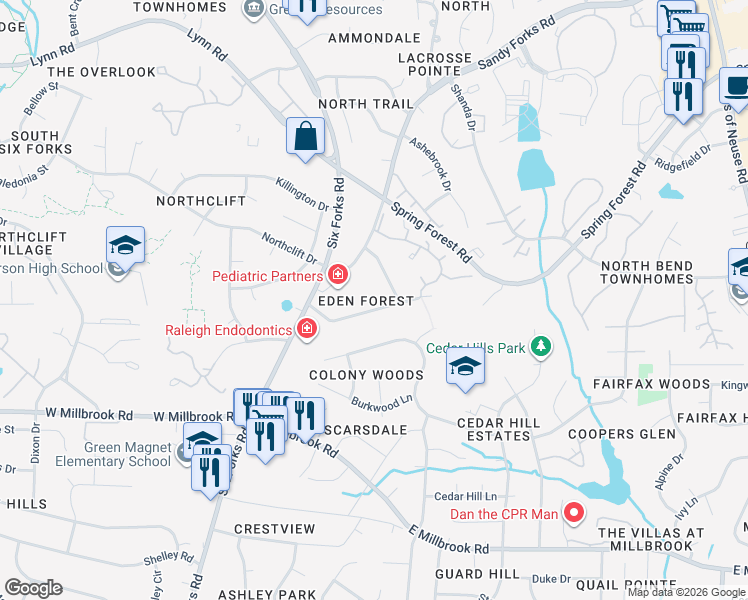 map of restaurants, bars, coffee shops, grocery stores, and more near 221 Dublin Road in Raleigh
