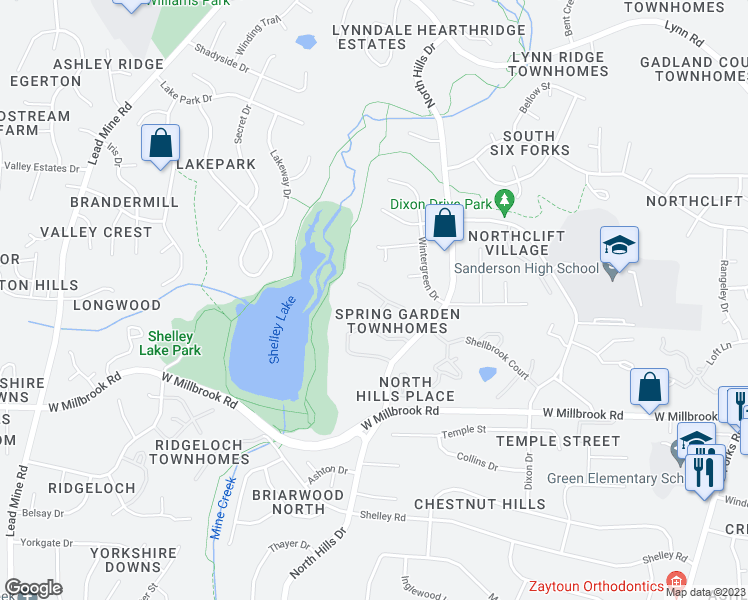 map of restaurants, bars, coffee shops, grocery stores, and more near 1331 Springlawn Court in Raleigh