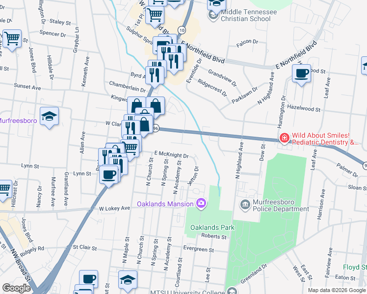 map of restaurants, bars, coffee shops, grocery stores, and more near 240 Hillside Court in Murfreesboro