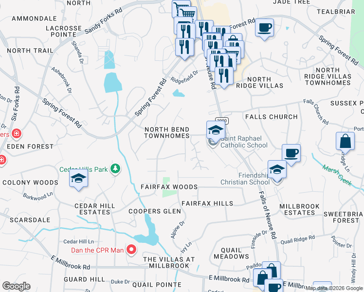 map of restaurants, bars, coffee shops, grocery stores, and more near 5802 Oakham Lane in Raleigh