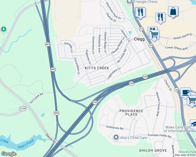 map of restaurants, bars, coffee shops, grocery stores, and more near 1040 Gold Rock Lane in Morrisville