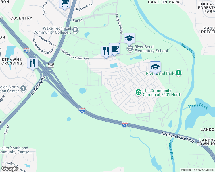map of restaurants, bars, coffee shops, grocery stores, and more near 5305 Crescent Square Street in Raleigh