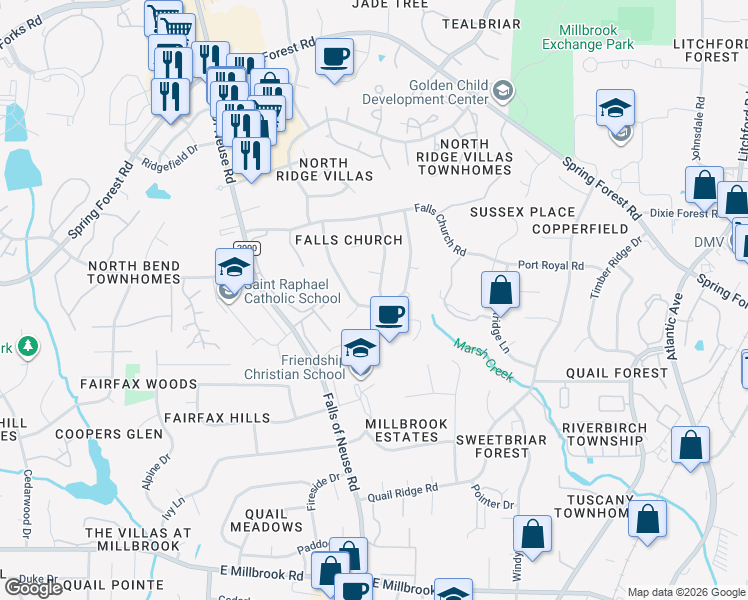 map of restaurants, bars, coffee shops, grocery stores, and more near 5600 Dumfries Drive in Raleigh