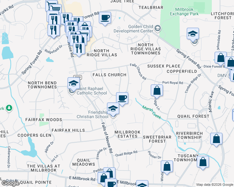 map of restaurants, bars, coffee shops, grocery stores, and more near 5600 Dumfries Drive in Raleigh