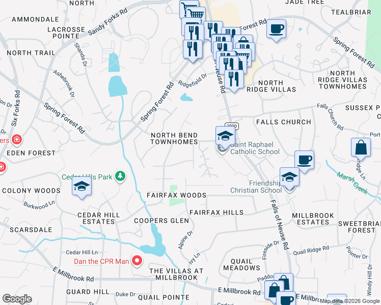 map of restaurants, bars, coffee shops, grocery stores, and more near 5802 Oakham Lane in Raleigh