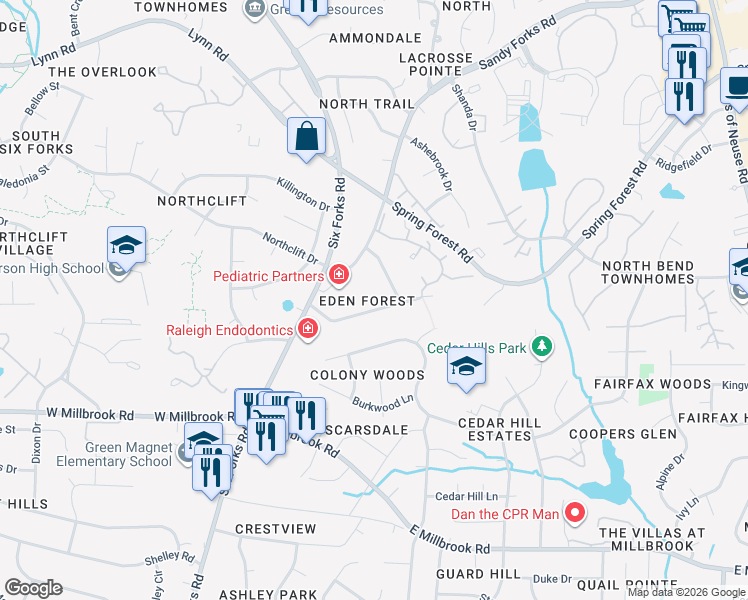 map of restaurants, bars, coffee shops, grocery stores, and more near 221 Dublin Road in Raleigh
