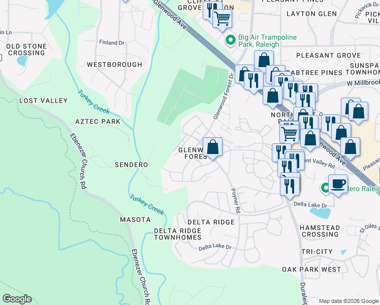 map of restaurants, bars, coffee shops, grocery stores, and more near 5920 Cameo Glass Way in Raleigh