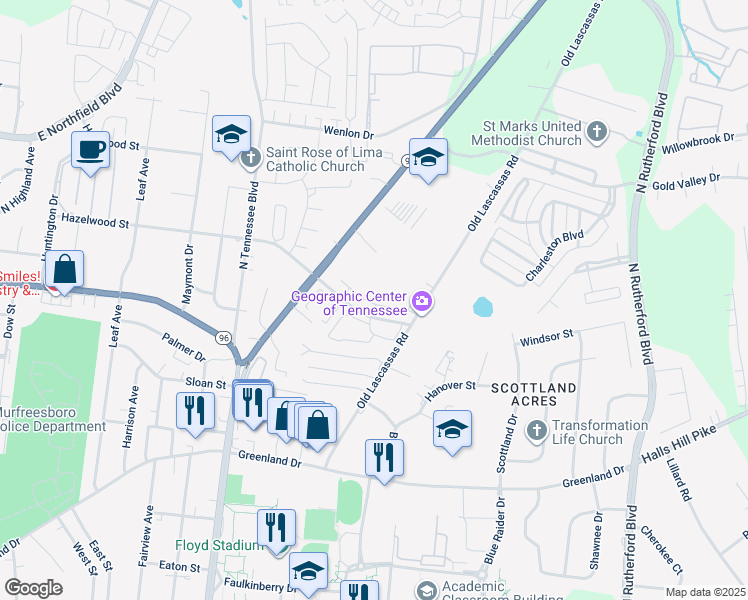 map of restaurants, bars, coffee shops, grocery stores, and more near 1315 Old Lascassas Road in Murfreesboro