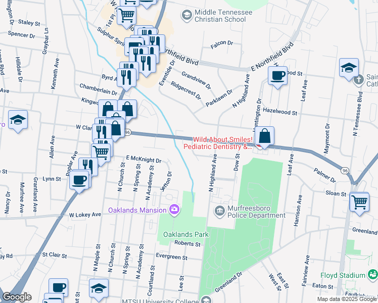 map of restaurants, bars, coffee shops, grocery stores, and more near 407 Dudley Street in Murfreesboro
