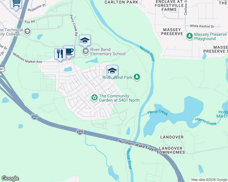map of restaurants, bars, coffee shops, grocery stores, and more near 6421 Expertise Avenue in Raleigh