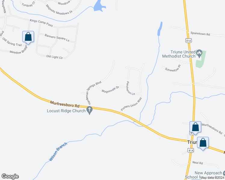 map of restaurants, bars, coffee shops, grocery stores, and more near Wagonvale Drive in Williamson County