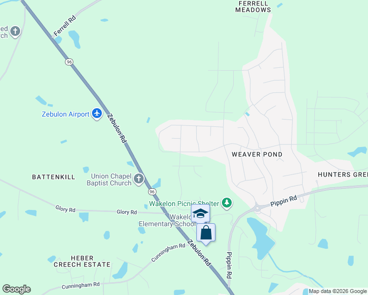 map of restaurants, bars, coffee shops, grocery stores, and more near 1404 Weavers Trace Drive in Zebulon
