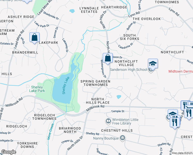 map of restaurants, bars, coffee shops, grocery stores, and more near 1310 Springlawn Court in Raleigh