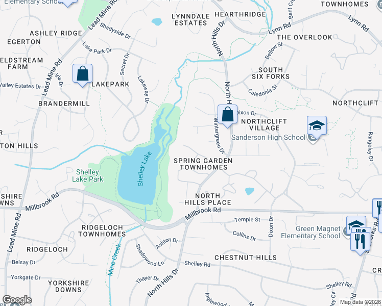 map of restaurants, bars, coffee shops, grocery stores, and more near 1330 Springlawn Court in Raleigh
