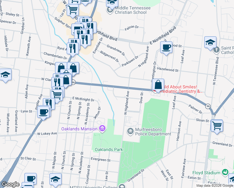 map of restaurants, bars, coffee shops, grocery stores, and more near 407 Dudley Street in Murfreesboro