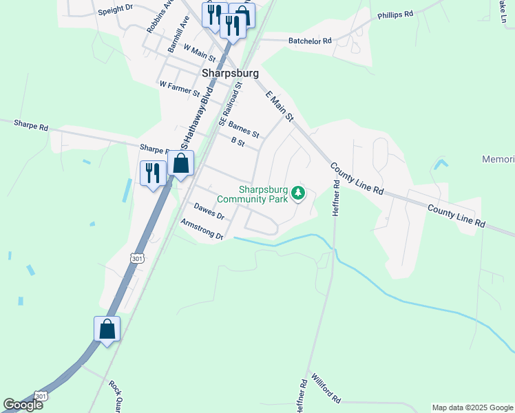 map of restaurants, bars, coffee shops, grocery stores, and more near 470 Kasey Circle in Sharpsburg