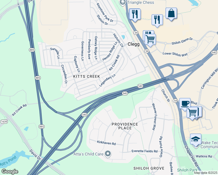map of restaurants, bars, coffee shops, grocery stores, and more near 521 Durants Neck Lane in Morrisville