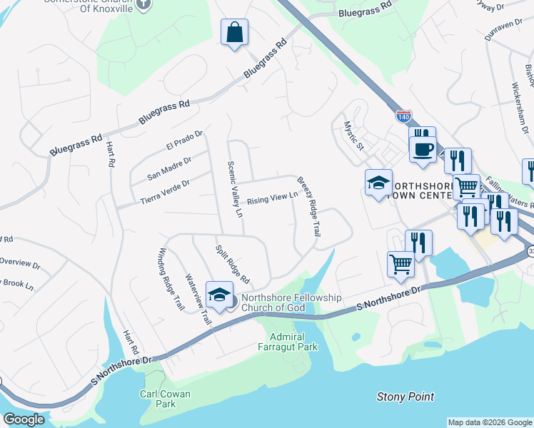 map of restaurants, bars, coffee shops, grocery stores, and more near 1627 Rising View Lane in Knoxville