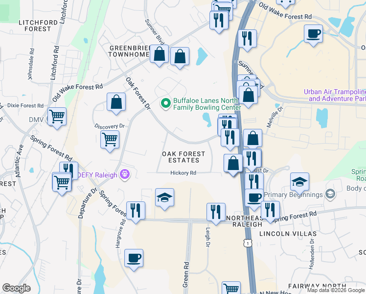 map of restaurants, bars, coffee shops, grocery stores, and more near 5813 Oak Forest Drive in Raleigh