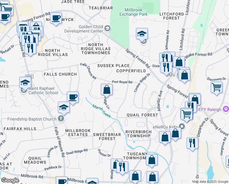 map of restaurants, bars, coffee shops, grocery stores, and more near 2008 Mallard Lane in Raleigh