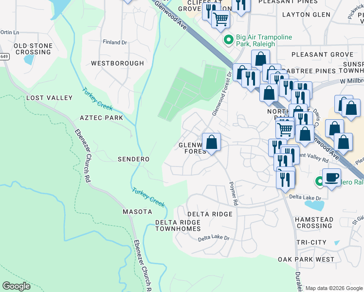 map of restaurants, bars, coffee shops, grocery stores, and more near 5906 Hourglass Court in Raleigh