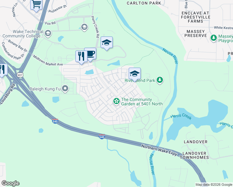 map of restaurants, bars, coffee shops, grocery stores, and more near 6514 Perry Creek Road in Raleigh
