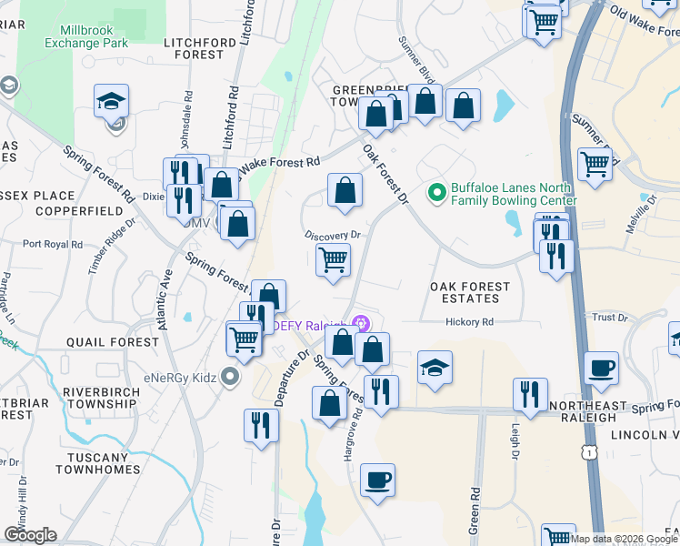 map of restaurants, bars, coffee shops, grocery stores, and more near 5621 Departure Drive in Raleigh