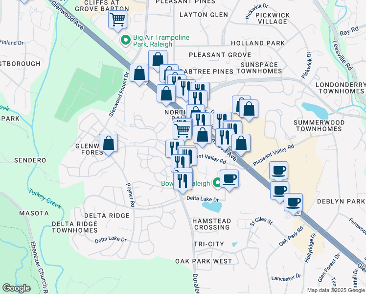 map of restaurants, bars, coffee shops, grocery stores, and more near 6010 Duraleigh Road in Raleigh