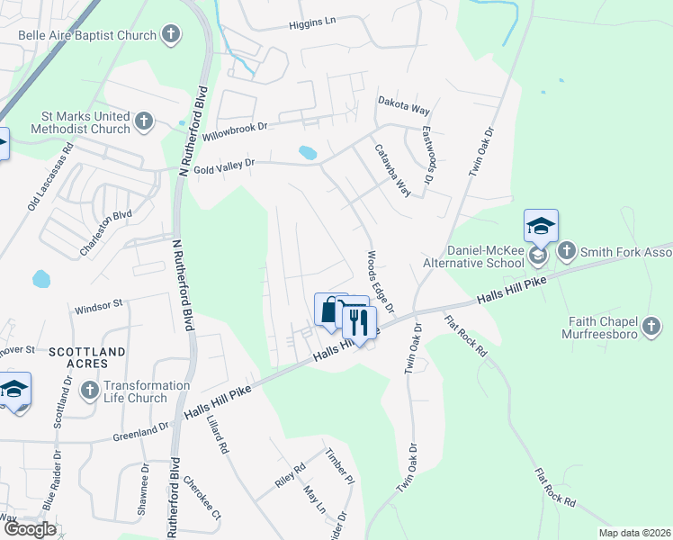 map of restaurants, bars, coffee shops, grocery stores, and more near 2411 Quest Avenue in Murfreesboro