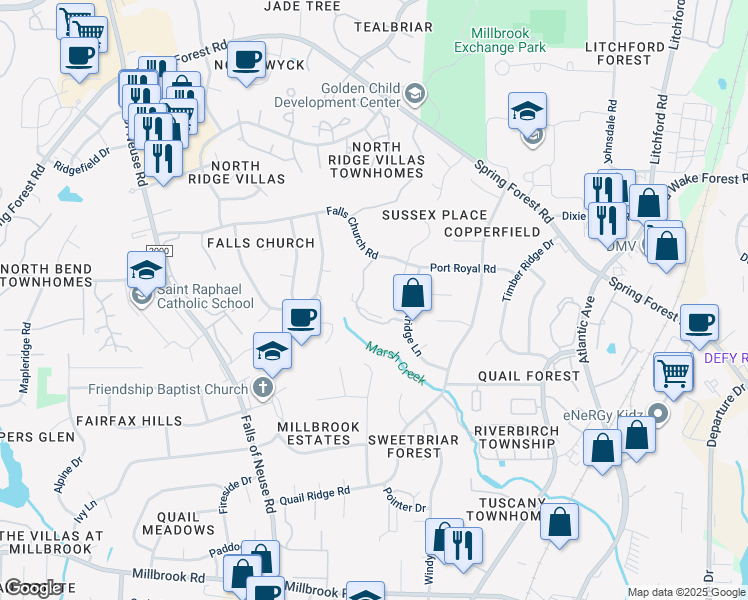 map of restaurants, bars, coffee shops, grocery stores, and more near 5740 Sentinel Drive in Raleigh